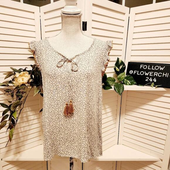 ALTAR'D STATE NEW BROWN/BLUE FLORAL TIE FRONT BLOUSE SIZE LARGE - Picture 1 of 7